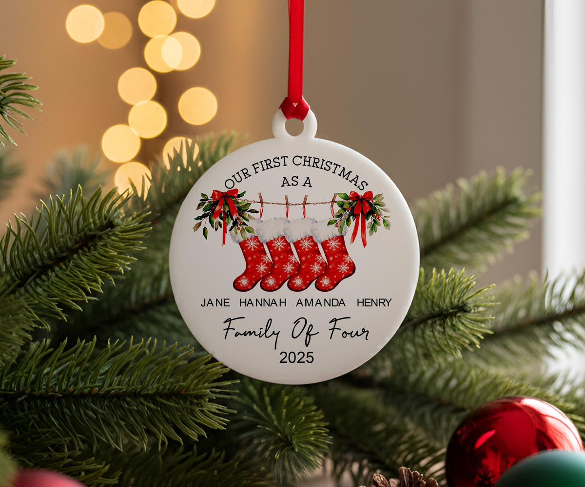Family Christmas Stocking Ornament 2025, Personalized New Family Ornament, Our First Christmas as a Family Keepsake, Custom Family Name Gift