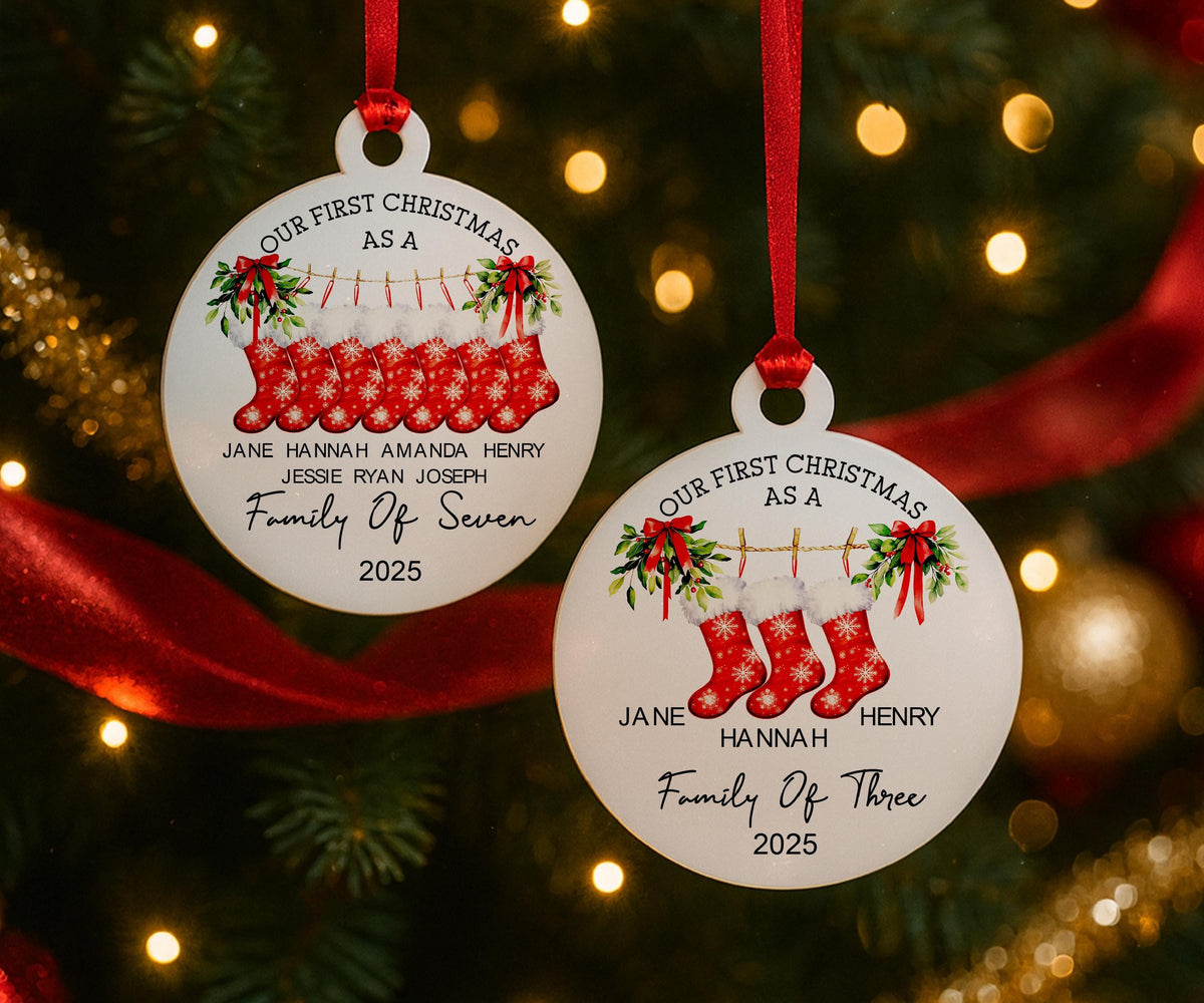 Family Christmas Stocking Ornament 2025, Personalized New Family Ornament, Our First Christmas as a Family Keepsake, Custom Family Name Gift