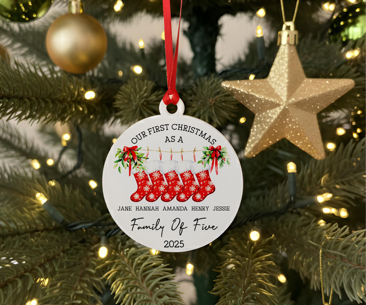 Family Christmas Stocking Ornament 2025, Personalized New Family Ornament, Our First Christmas as a Family Keepsake, Custom Family Name Gift