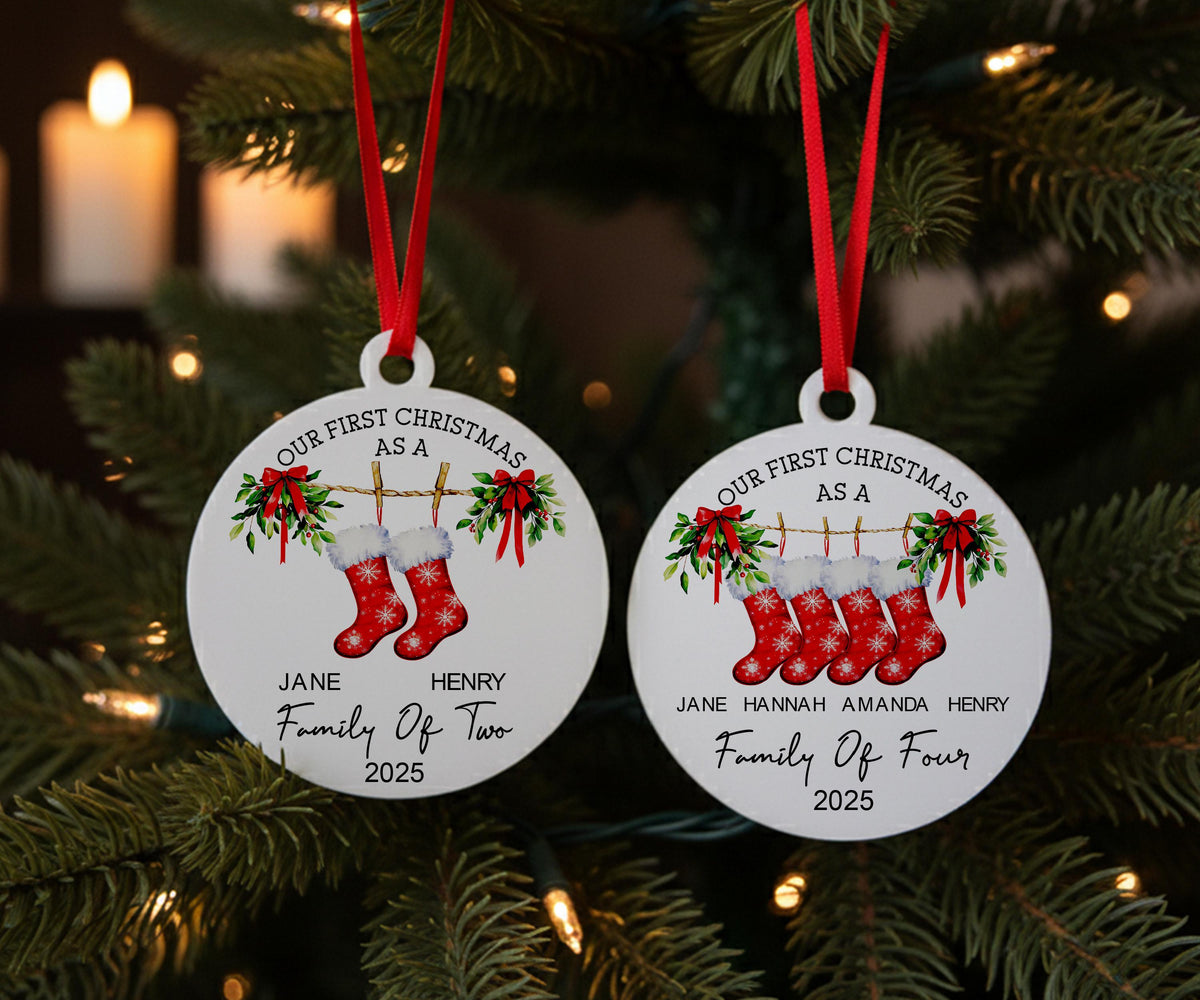 Family Christmas Stocking Ornament 2025, Personalized New Family Ornament, Our First Christmas as a Family Keepsake, Custom Family Name Gift