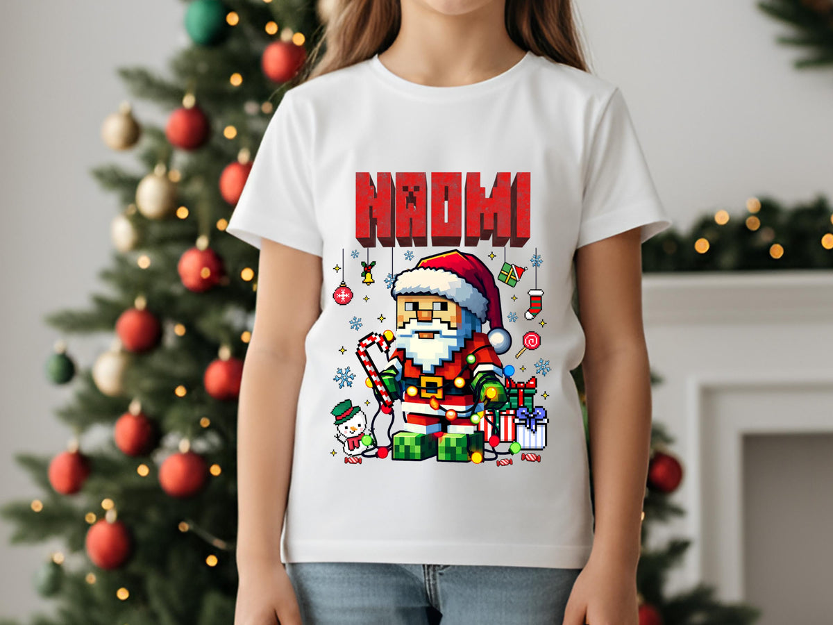 Personalized Name Pixel Santa Kids Christmas Shirt, Boys Girls Xmas Tee, Holiday Santa T-Shirt, Custom Kids Christmas Gift