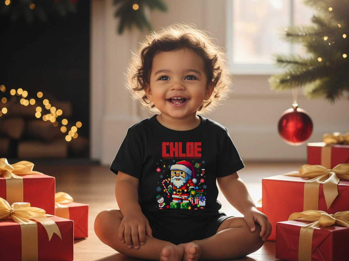 Personalized Name Pixel Santa Kids Christmas Shirt, Boys Girls Xmas Tee, Holiday Santa T-Shirt, Custom Kids Christmas Gift