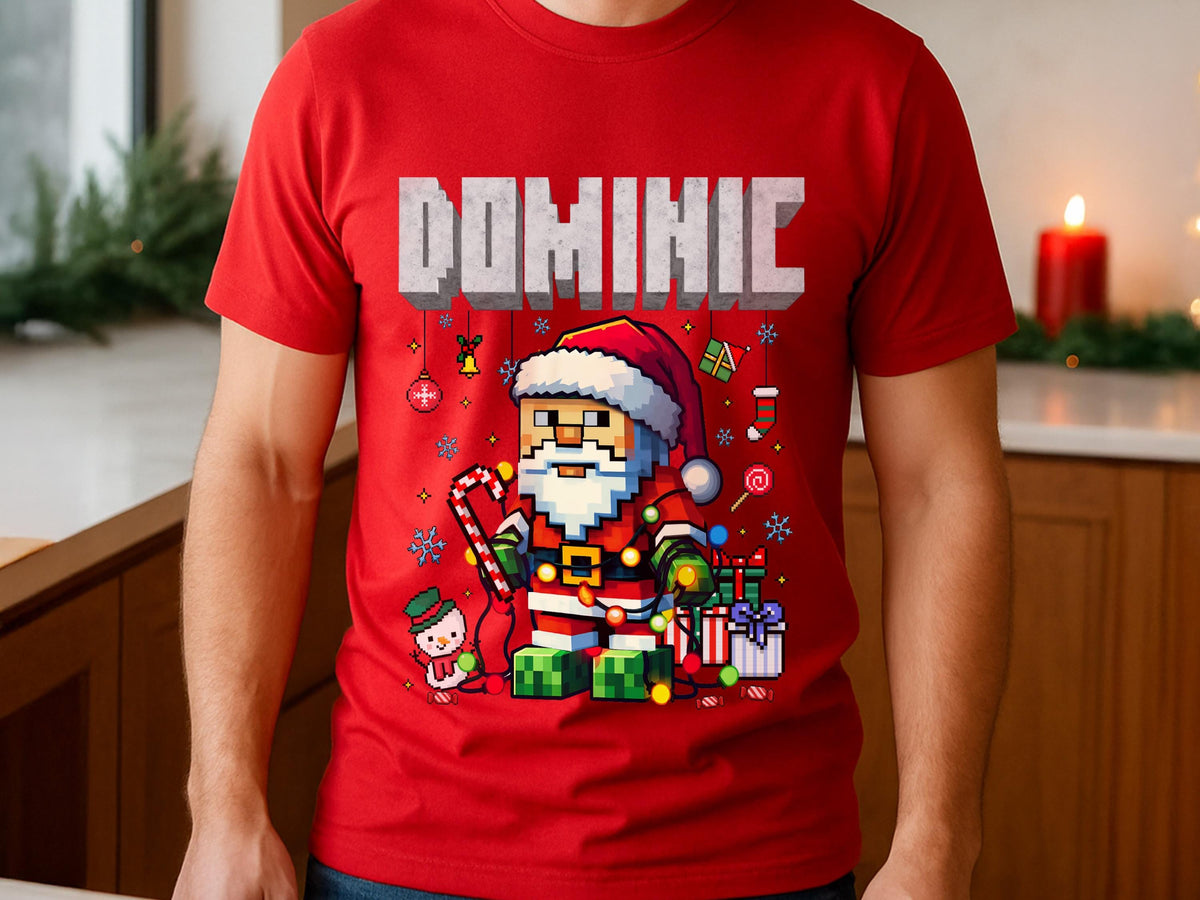 Personalized Name Pixel Santa Kids Christmas Shirt, Boys Girls Xmas Tee, Holiday Santa T-Shirt, Custom Kids Christmas Gift
