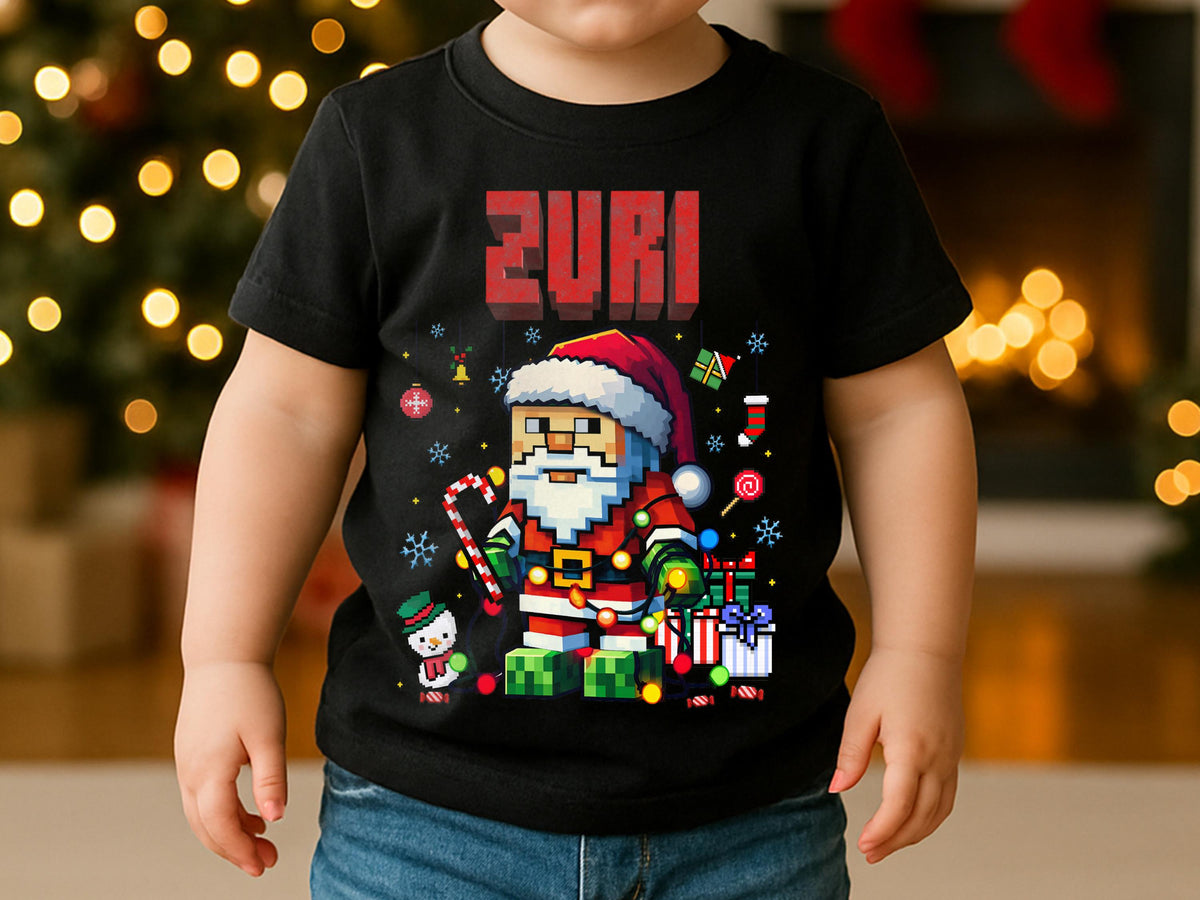 Personalized Name Pixel Santa Kids Christmas Shirt, Boys Girls Xmas Tee, Holiday Santa T-Shirt, Custom Kids Christmas Gift