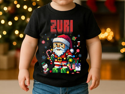 Personalized Name Pixel Santa Kids Christmas Shirt, Boys Girls Xmas Tee, Holiday Santa T-Shirt, Custom Kids Christmas Gift