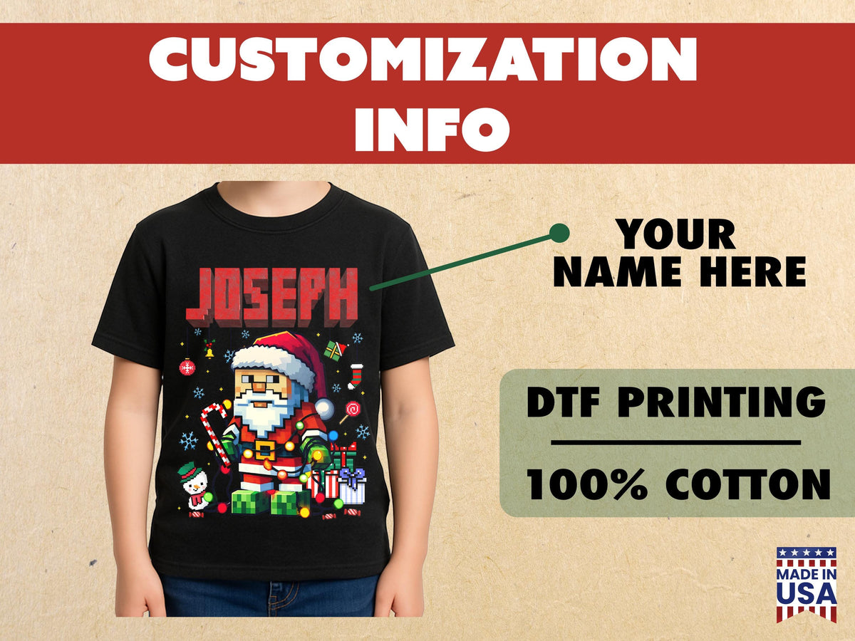 Personalized Name Pixel Santa Kids Christmas Shirt, Boys Girls Xmas Tee, Holiday Santa T-Shirt, Custom Kids Christmas Gift