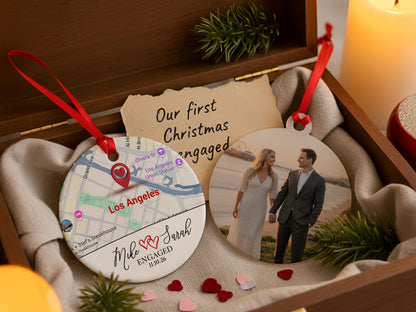 Engaged Ornament Christmas, Personalized Engagement Gifts, Where It All Began Map Ornament, Custom Christmas Couple Photo Newlywed Ornament