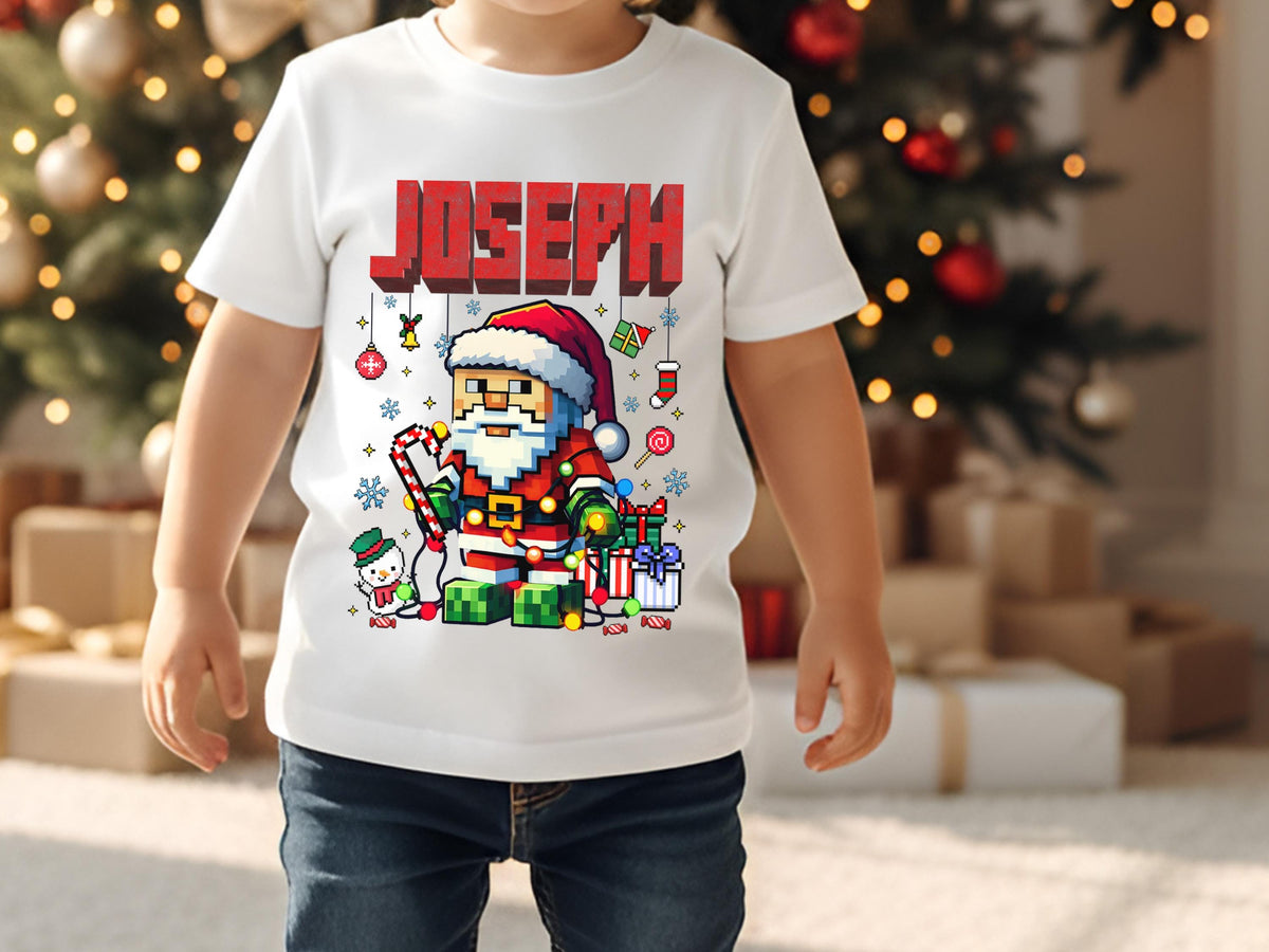 Personalized Name Pixel Santa Kids Christmas Shirt, Boys Girls Xmas Tee, Holiday Santa T-Shirt, Custom Kids Christmas Gift