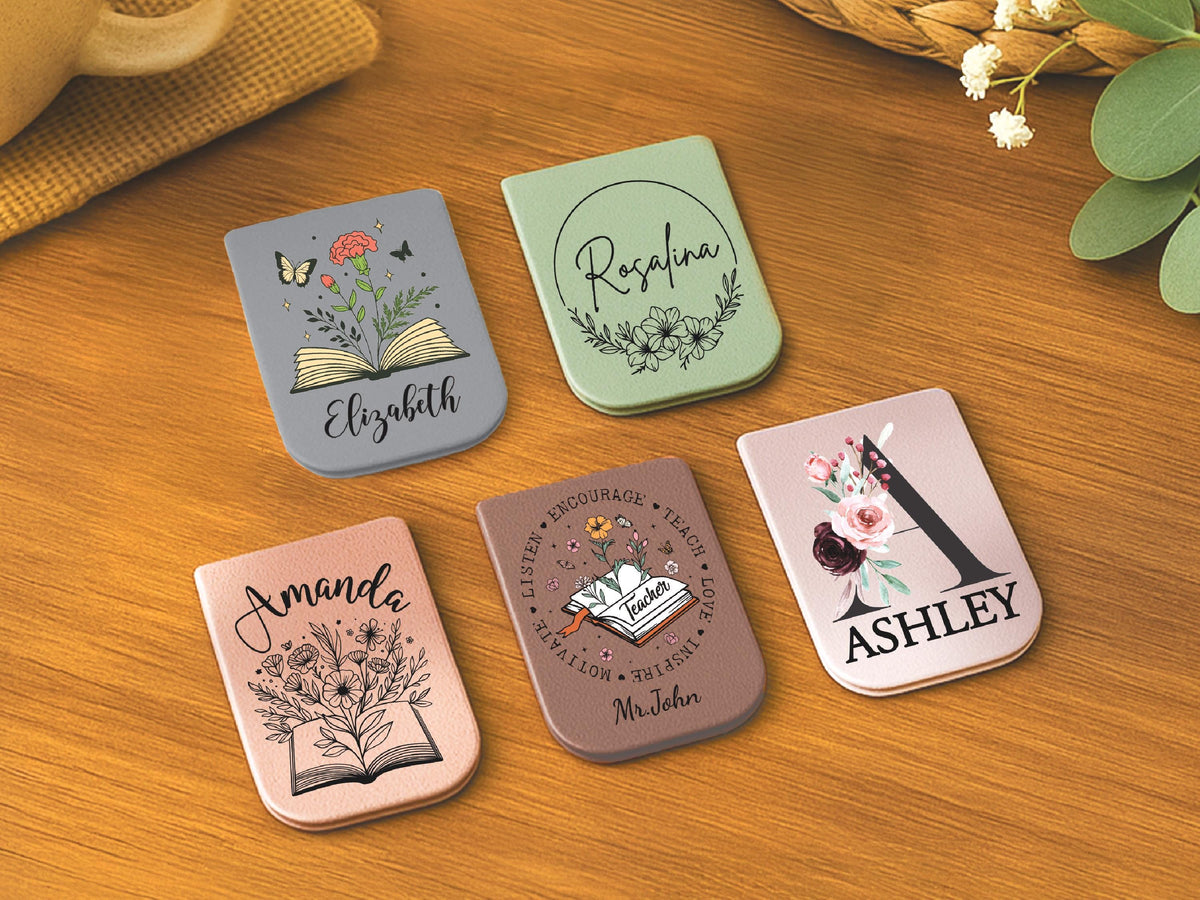 Personalized Magnetic Leather Bookmark, Custom Name Floral Book Lover Gift, Teacher Appreciation Gift, Reading Accessory, Book Club