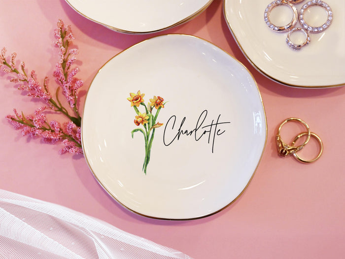 Personalized Birth Flower Trinket Dish Gift, Custom Flower Ring Dish for Wedding Bridesmaid Gift, Birthday Jewelry Dish, Wedding Ring Dish
