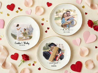 Personalized Photo Trinket Dish, Custom Ring Dish with Picture & Names, Valentine's Day Proposal Keepsake Plate, Wedding Gift for Couple