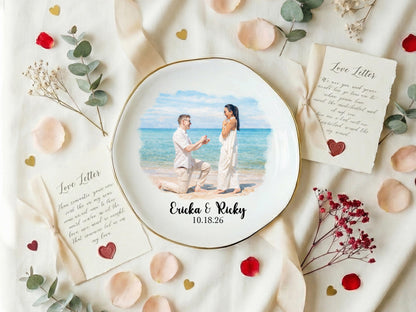 Personalized Photo Trinket Dish, Custom Ring Dish with Picture & Names, Valentine's Day Proposal Keepsake Plate, Wedding Gift for Couple