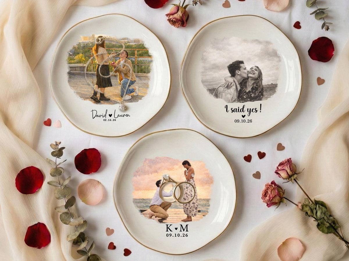 Personalized Photo Trinket Dish, Custom Ring Dish with Picture & Names, Valentine's Day Proposal Keepsake Plate, Wedding Gift for Couple