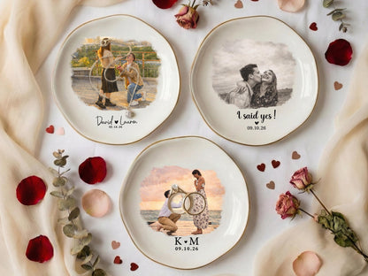 Personalized Photo Trinket Dish, Custom Ring Dish with Picture & Names, Valentine's Day Proposal Keepsake Plate, Wedding Gift for Couple