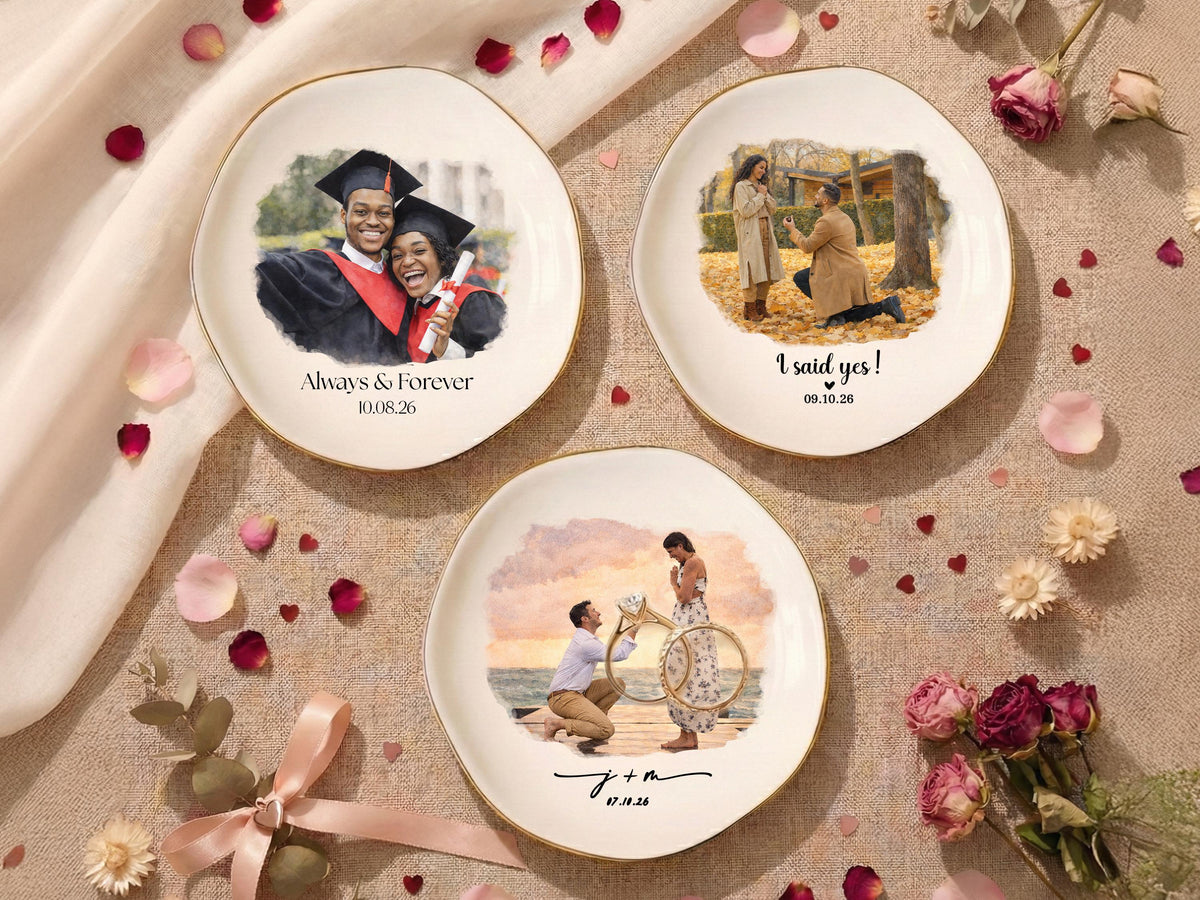Personalized Photo Trinket Dish, Custom Ring Dish with Picture & Names, Valentine's Day Proposal Keepsake Plate, Wedding Gift for Couple
