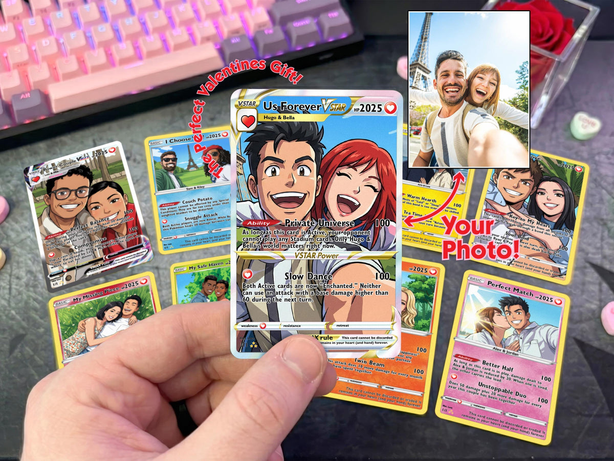 Anniversary Card, Retro Anime Photo Card, Personalized Valentine Gifts, Couple Trading Card Gift, Gamer Keepsake Wedding Photo Gift for Him
