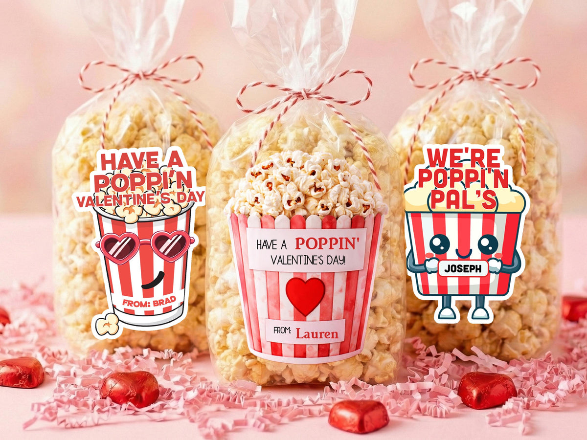 Personalized Valentine Popcorn Stickers, Poppin Valentines Day Labels, Non Candy Classroom Valentines, 50 Design Option Stickers