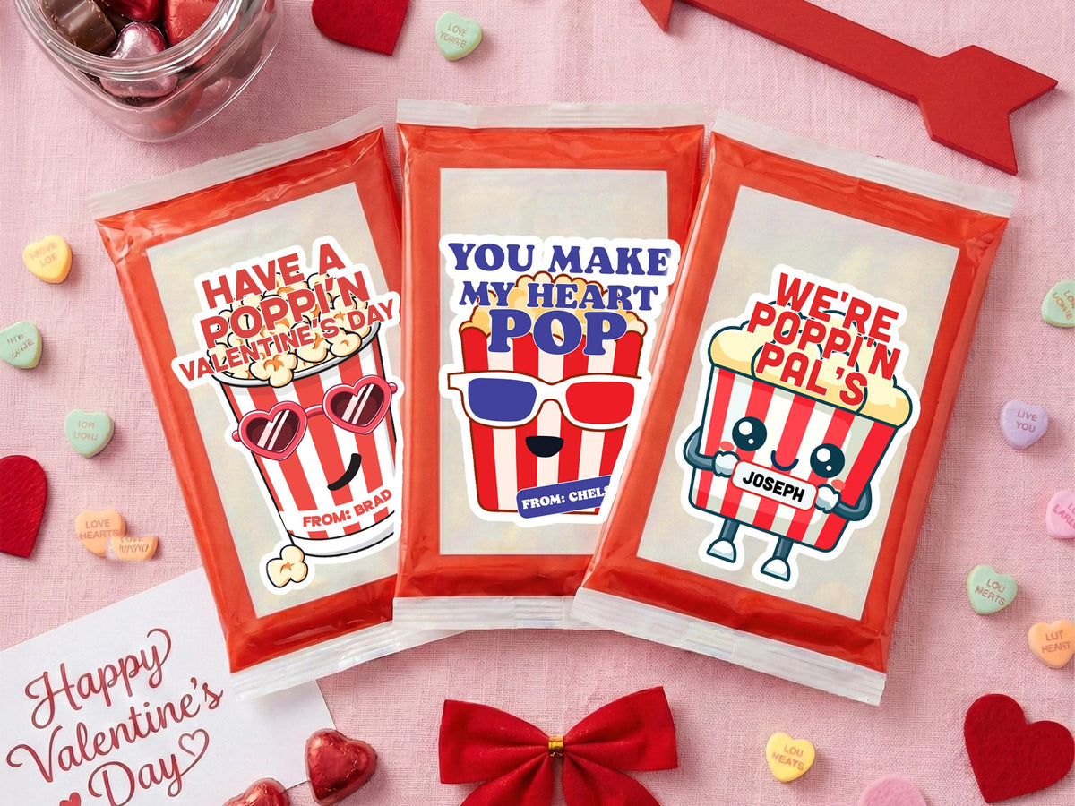 Personalized Valentine Popcorn Stickers, Poppin Valentines Day Labels, Non Candy Classroom Valentines, 50 Design Option Stickers