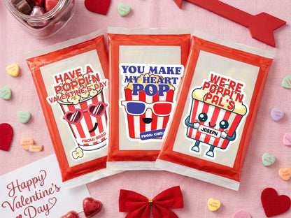 Personalized Valentine Popcorn Stickers, Poppin Valentines Day Labels, Non Candy Classroom Valentines, 50 Design Option Stickers