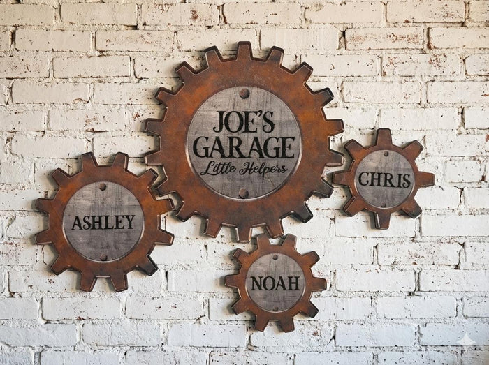 Personalized Dad's Garage Gear Sign, Dad Gift for Fathers Day, Wall Decor Garage Sign for Dad, Grandkids Name Sign For Grandpa Workshop Sign
