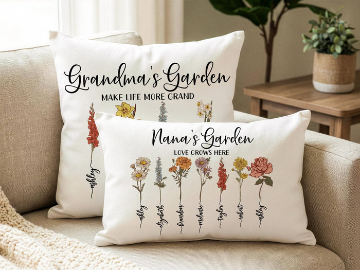 Grandma’s Garden Pillow Case, Birth Flower Mom Gifts, Grandma Gift, Personalized Mom Birthday Gift, Cotton Pillow Cover, Mother’s Day Gifts