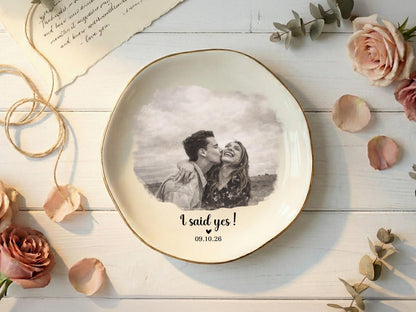 Personalized Photo Trinket Dish, Custom Ring Dish with Picture & Names, Valentine's Day Proposal Keepsake Plate, Wedding Gift for Couple