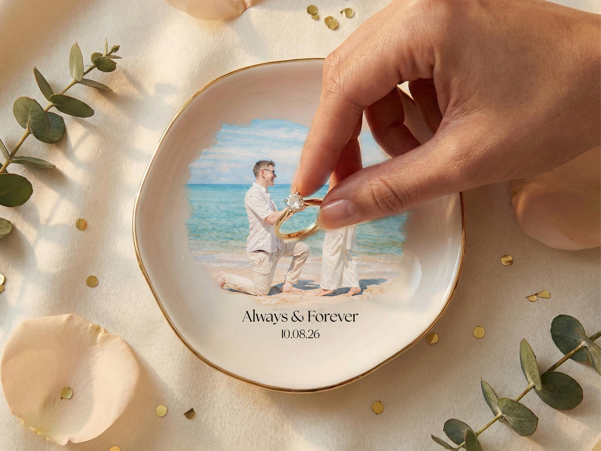 Personalized Photo Trinket Dish, Custom Ring Dish with Picture & Names, Valentine's Day Proposal Keepsake Plate, Wedding Gift for Couple