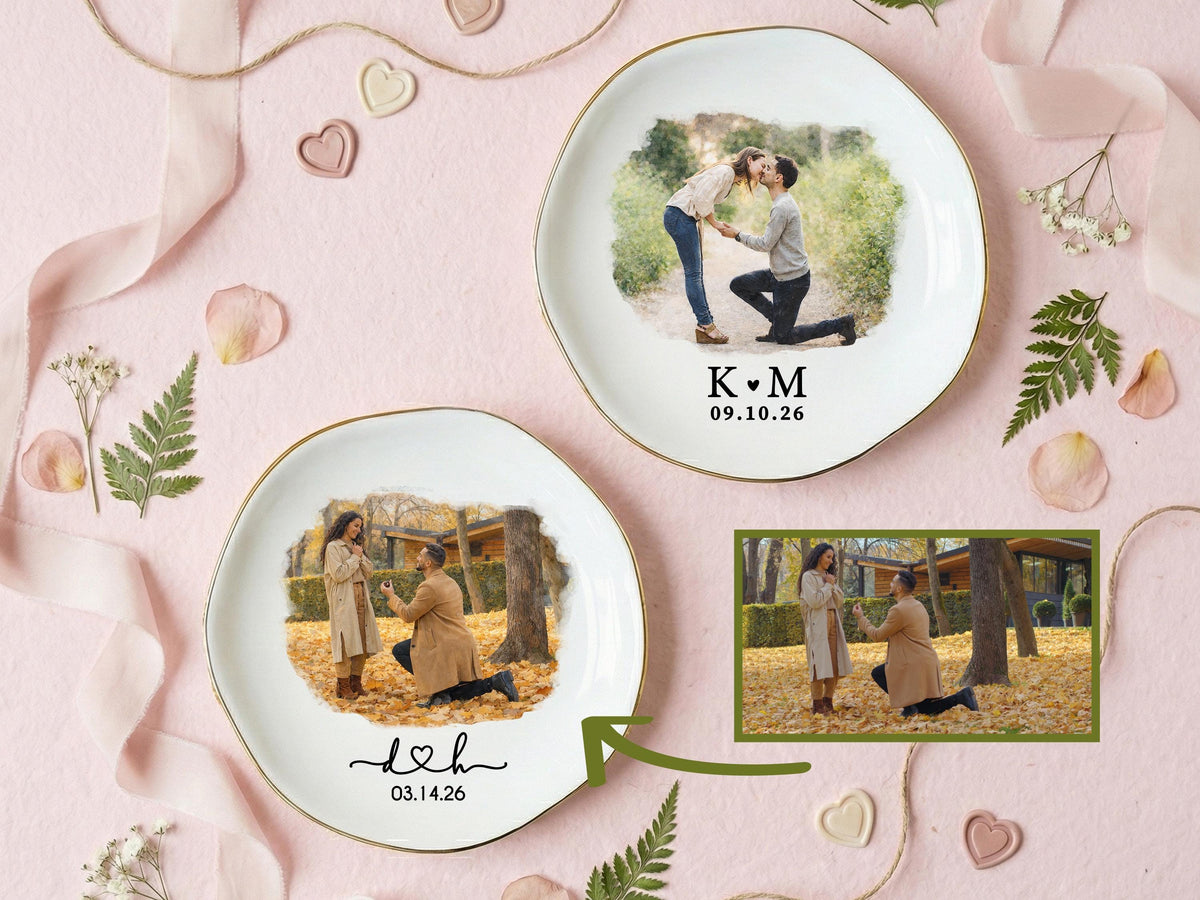 Personalized Photo Trinket Dish, Custom Ring Dish with Picture & Names, Valentine's Day Proposal Keepsake Plate, Wedding Gift for Couple