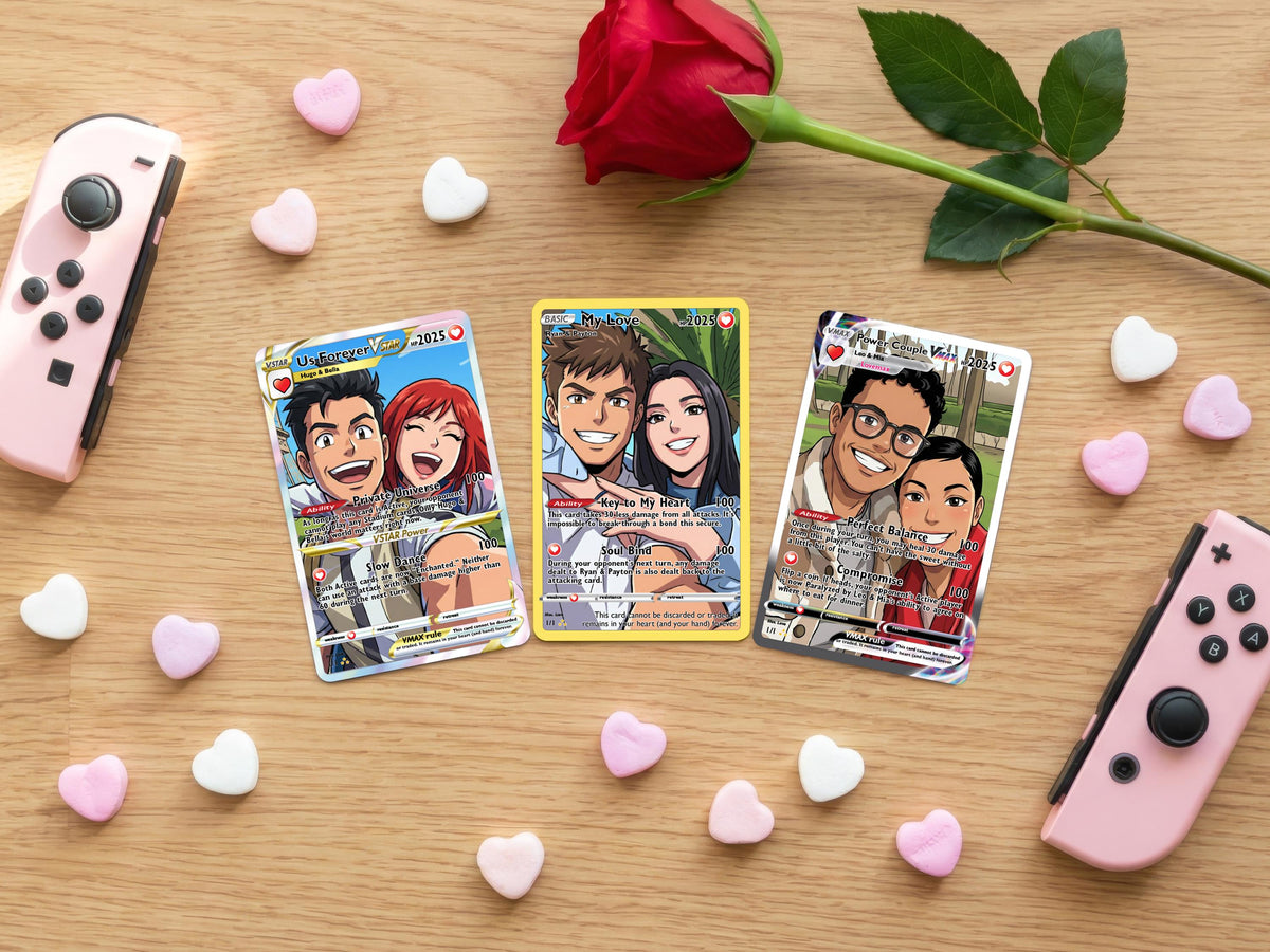 Anniversary Card, Retro Anime Photo Card, Personalized Valentine Gifts, Couple Trading Card Gift, Gamer Keepsake Wedding Photo Gift for Him