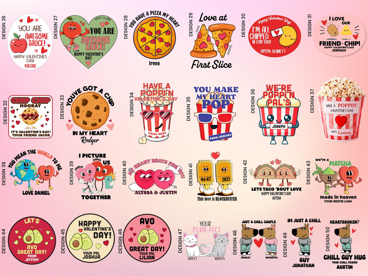 Personalized Valentine Popcorn Stickers, Poppin Valentines Day Labels, Non Candy Classroom Valentines, 50 Design Option Stickers