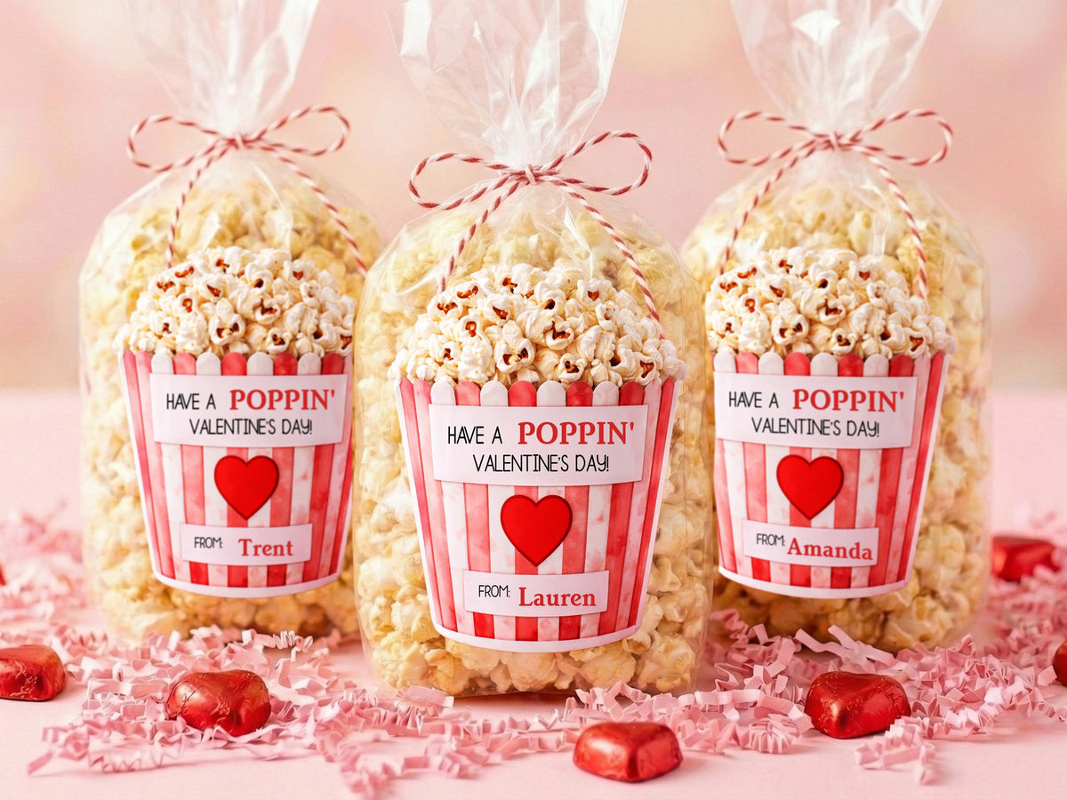 Personalized Valentine Popcorn Stickers, Poppin Valentines Day Labels, Non Candy Classroom Valentines, 50 Design Option Stickers