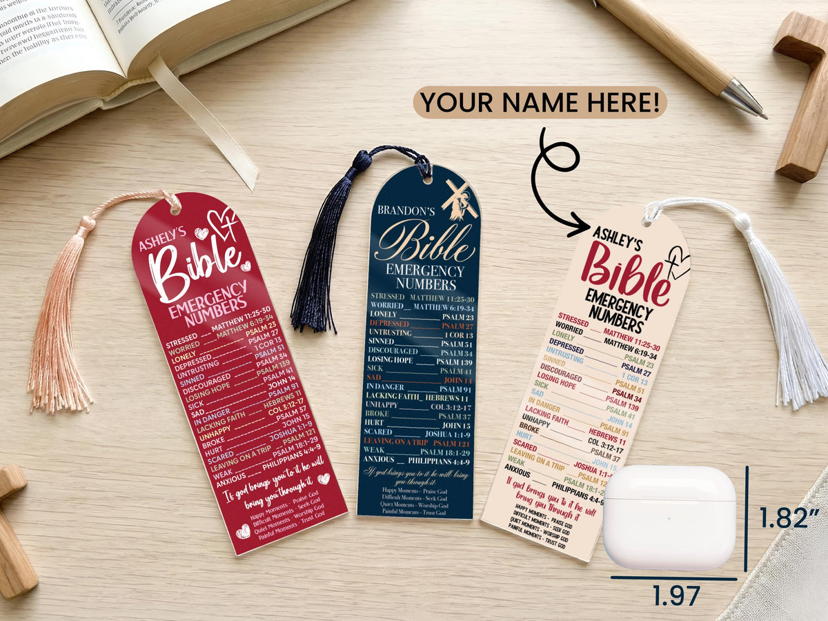 Personalized Bookmark, Bible Emergency Numbers Bookmark, Bible Verse Bookmark, Book Lover Gift, Custom Name Christian Gifts for Women Men