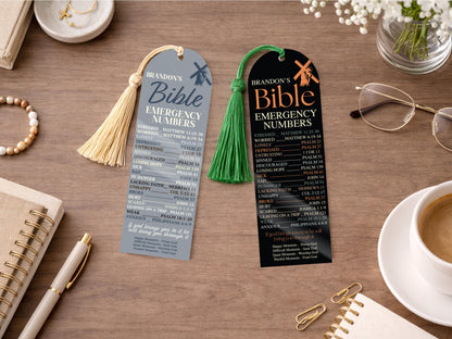Personalized Bookmark, Bible Emergency Numbers Bookmark, Bible Verse Bookmark, Book Lover Gift, Custom Name Christian Gifts for Women Men