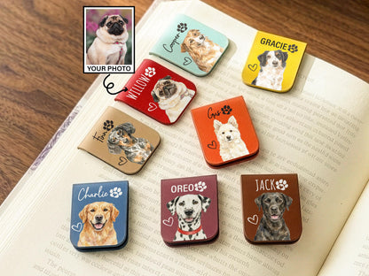 Custom Dog Cat Magnetic Bookmark, Personalized Dog Photo Bookmark, Pet Portrait Leather Bookmark, Pet Remembrance Gift, Pet Book Lover Gifts