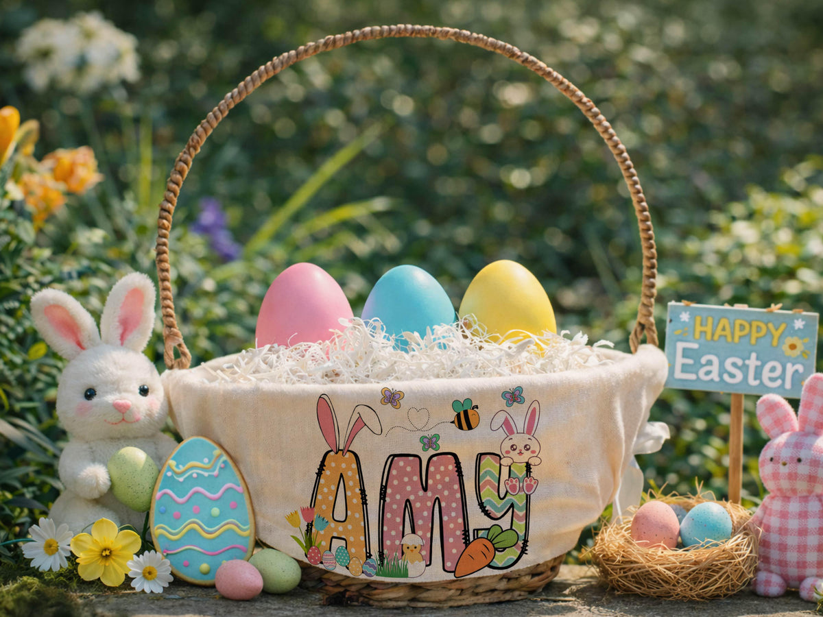 Personalized Easter Basket Liner, Custom Name Easter Egg Hunt Basket Liner, Kids Easter Basket Decoration, Bunny Boy or Girl Easter Gifts