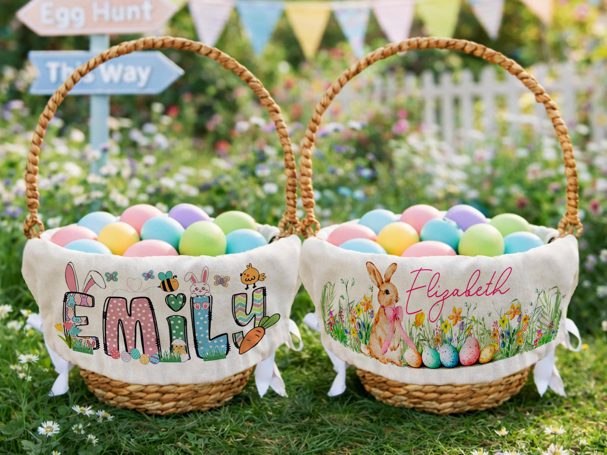 Personalized Easter Basket Liner, Custom Name Easter Egg Hunt Basket Liner, Kids Easter Basket Decoration, Bunny Boy or Girl Easter Gifts
