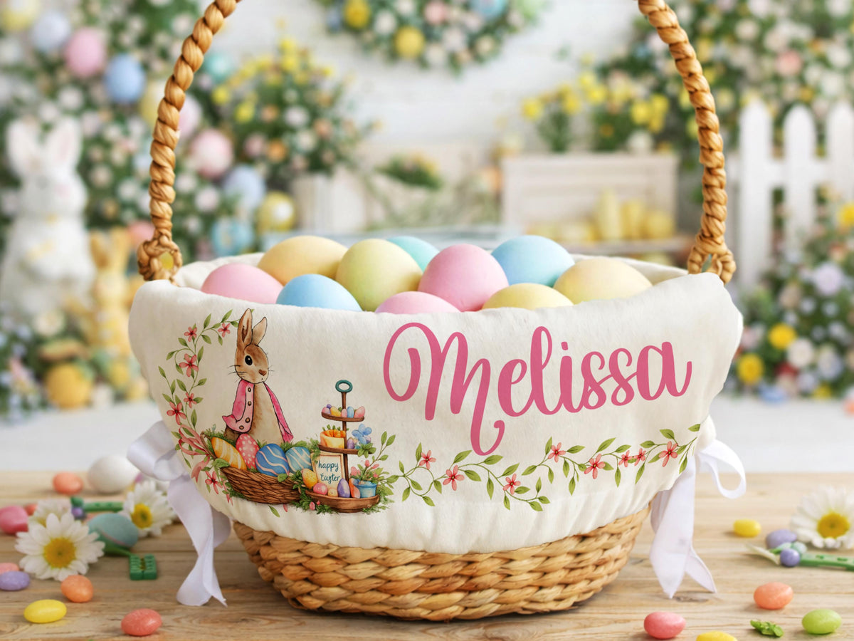Personalized Easter Basket Liner, Custom Name Easter Egg Hunt Basket Liner, Kids Easter Basket Decoration, Bunny Boy or Girl Easter Gifts