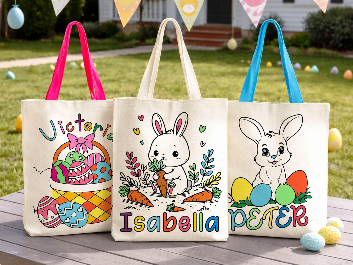 Personalized Easter Tote bag, DIY Easter bag, Name Easter Bunny Bag, Kids Egg Hunt Bag, Easter Gift Bags, Custom Boys Girls Easter Baskets