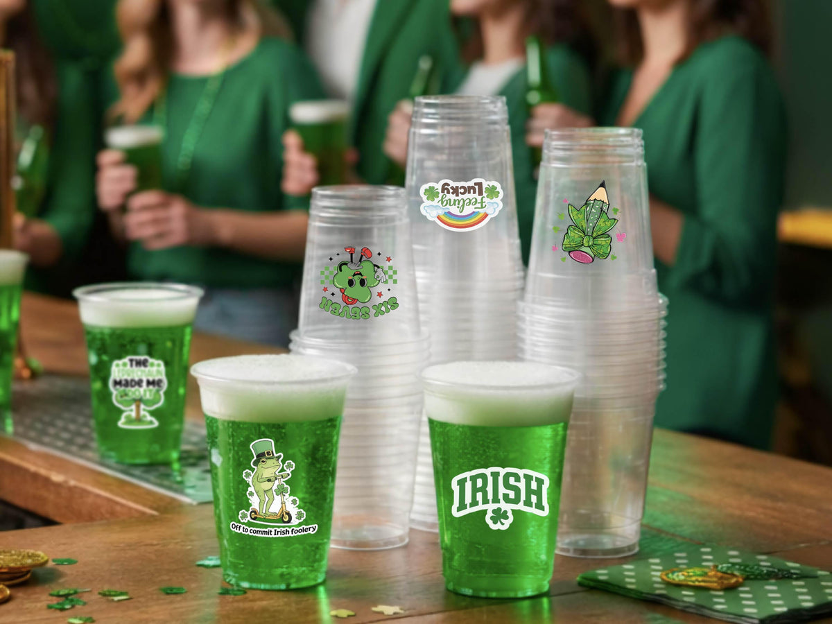 St Patrick’s Day Stickers for Custom Party Cups, Shamrock Stickers, Irish Gifts, Lucky Four Leaf Clover Decals, Party Favors