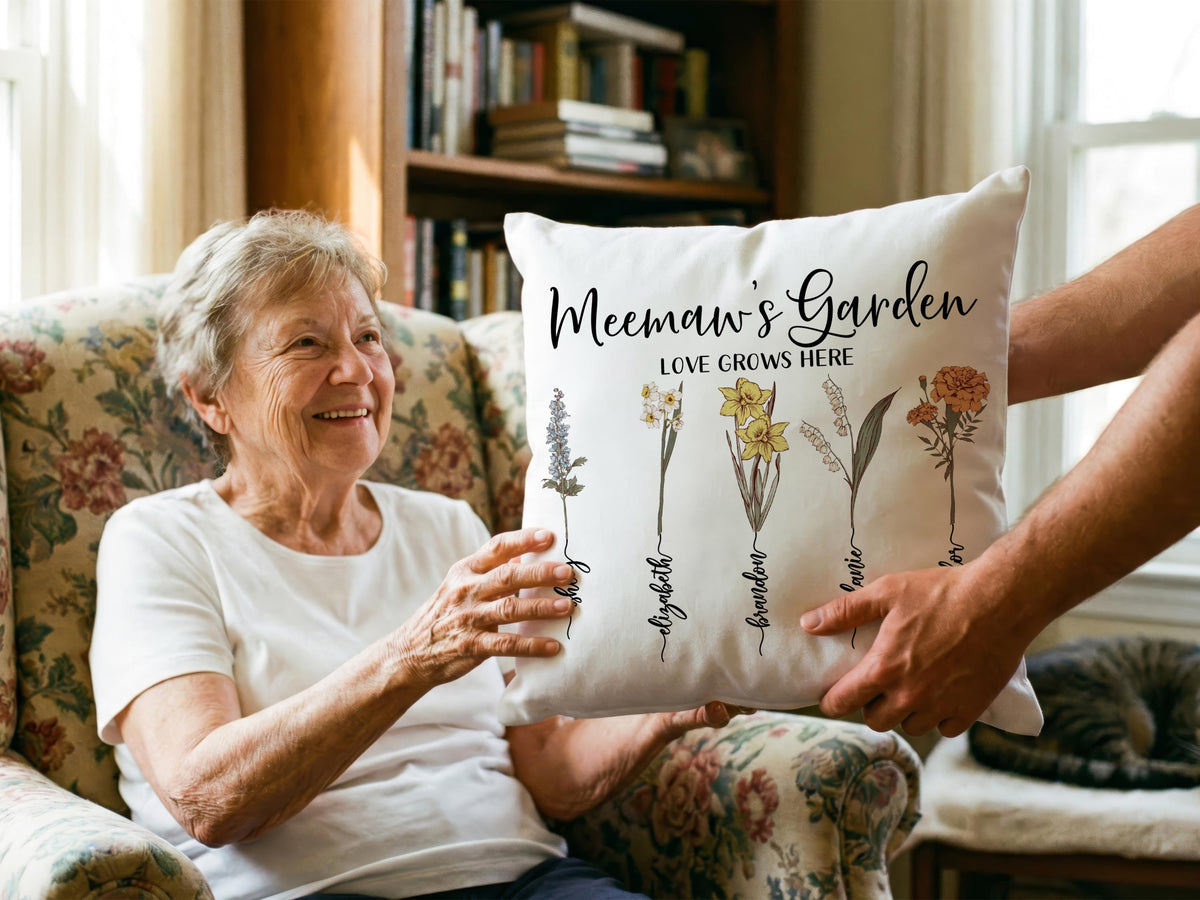 Mom Gifts, Custom Birth Month Flower w/Kids Name Family Throw Pillow Cover, Grandma's Garden Mom Flower Gift, Personalized Mothers Day Gifts