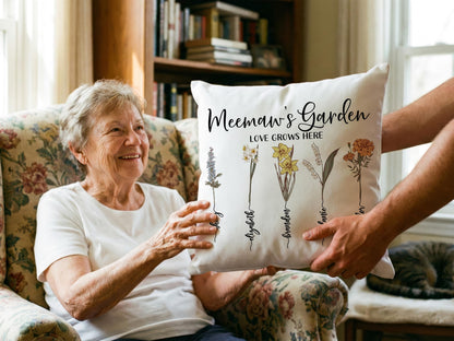 Mom Gifts, Custom Birth Month Flower w/Kids Name Family Throw Pillow Cover, Grandma's Garden Mom Flower Gift, Personalized Mothers Day Gifts