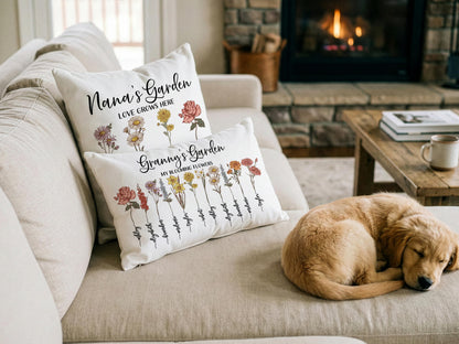 Mom Gifts, Custom Birth Month Flower w/Kids Name Family Throw Pillow Cover, Grandma's Garden Mom Flower Gift, Personalized Mothers Day Gifts