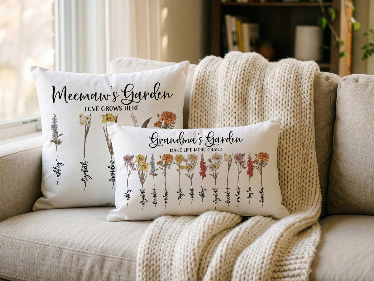 Mom Gifts, Custom Birth Month Flower w/Kids Name Family Throw Pillow Cover, Grandma's Garden Mom Flower Gift, Personalized Mothers Day Gifts