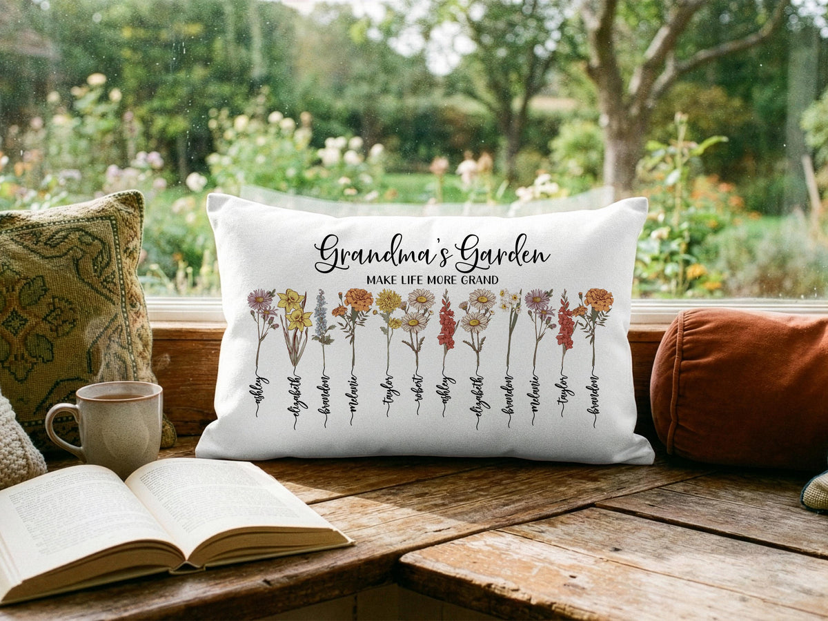Mom Gifts, Custom Birth Month Flower w/Kids Name Family Throw Pillow Cover, Grandma's Garden Mom Flower Gift, Personalized Mothers Day Gifts