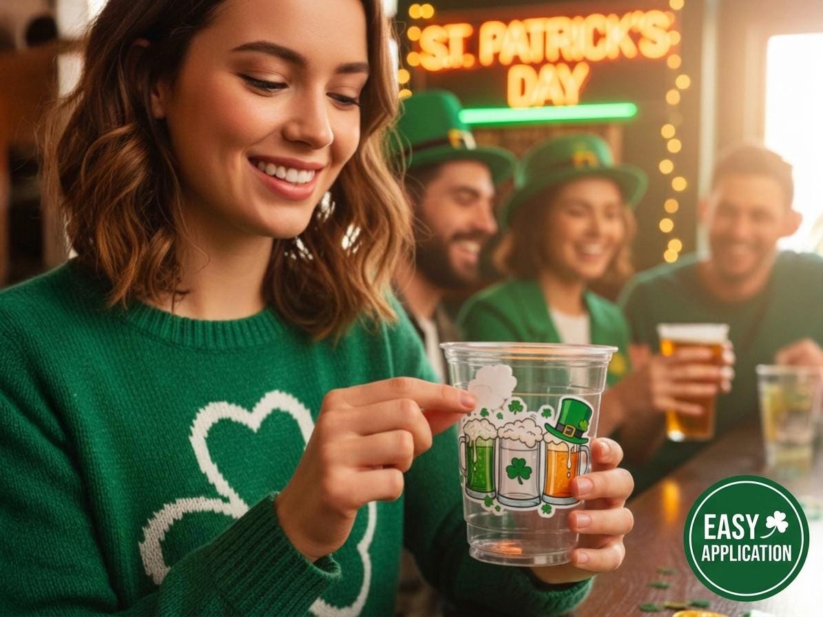 St Patrick’s Day Stickers for Custom Party Cups, Shamrock Stickers, Irish Gifts, Lucky Four Leaf Clover Decals, Party Favors