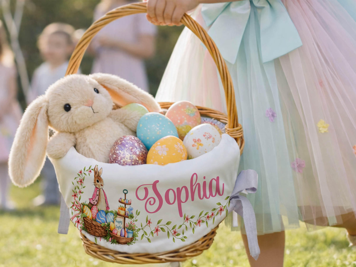 Personalized Easter Basket Liner, Custom Name Easter Egg Hunt Basket Liner, Kids Easter Basket Decoration, Bunny Boy or Girl Easter Gifts