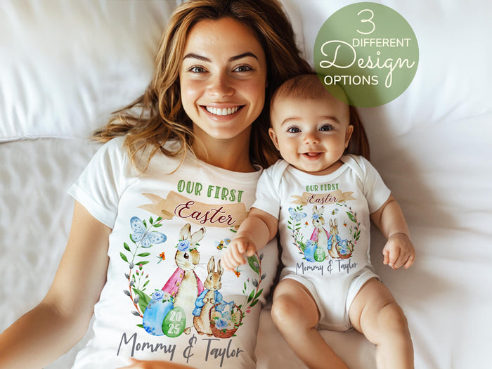 Personalized First Easter Outfit, Mommy and Me Matching Shirts, Custom Baby Bodysuit, Spring Bunny Shirt Gift