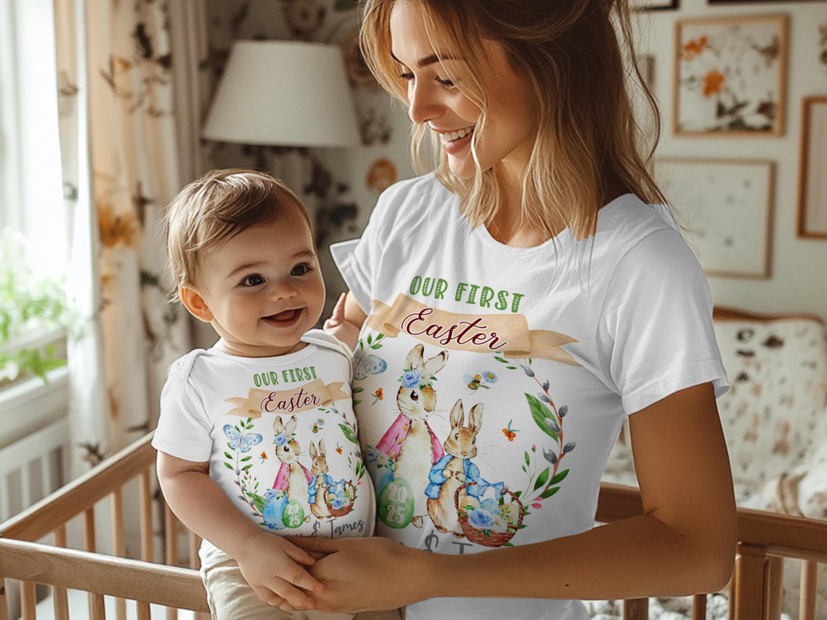 Personalized First Easter Outfit, Mommy and Me Matching Shirts, Custom Baby Bodysuit, Spring Bunny Shirt Gift