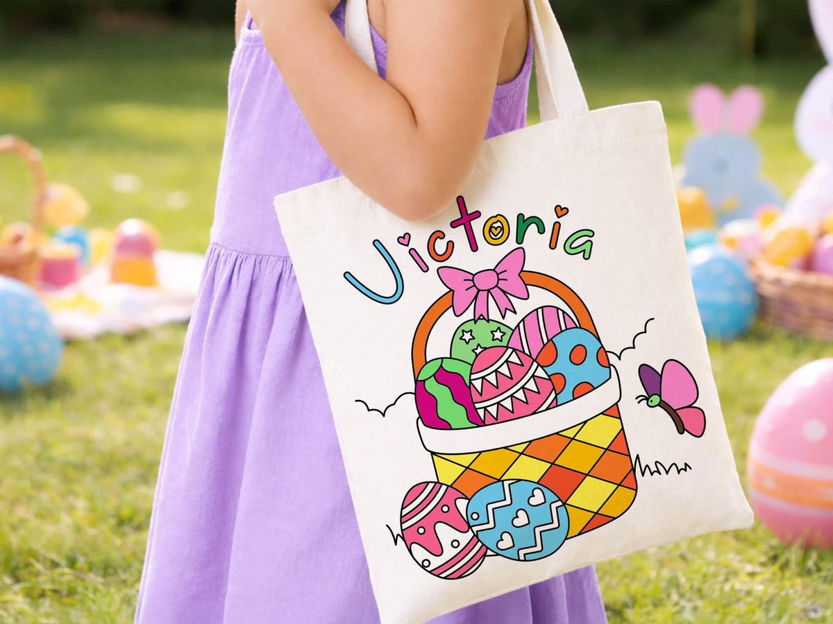 Personalized Easter Tote bag, DIY Easter bag, Name Easter Bunny Bag, Kids Egg Hunt Bag, Easter Gift Bags, Custom Boys Girls Easter Baskets
