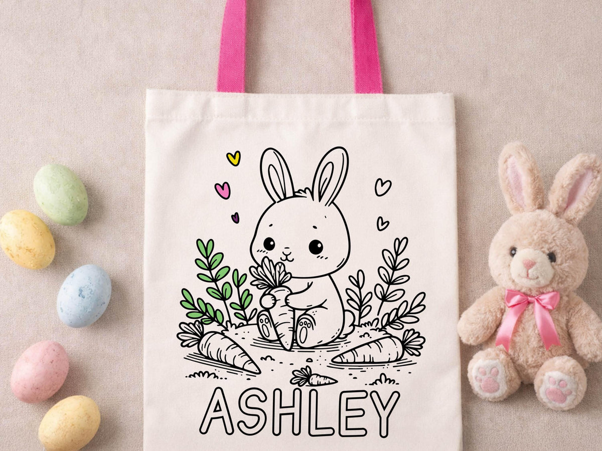 Personalized Easter Tote bag, DIY Easter bag, Name Easter Bunny Bag, Kids Egg Hunt Bag, Easter Gift Bags, Custom Boys Girls Easter Baskets